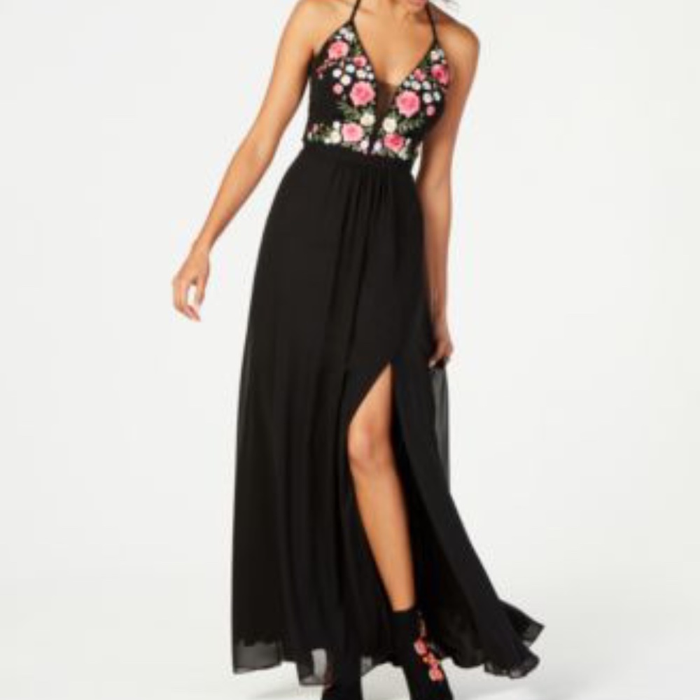 Black Strappy Evening Gown with Elegant Embroidery